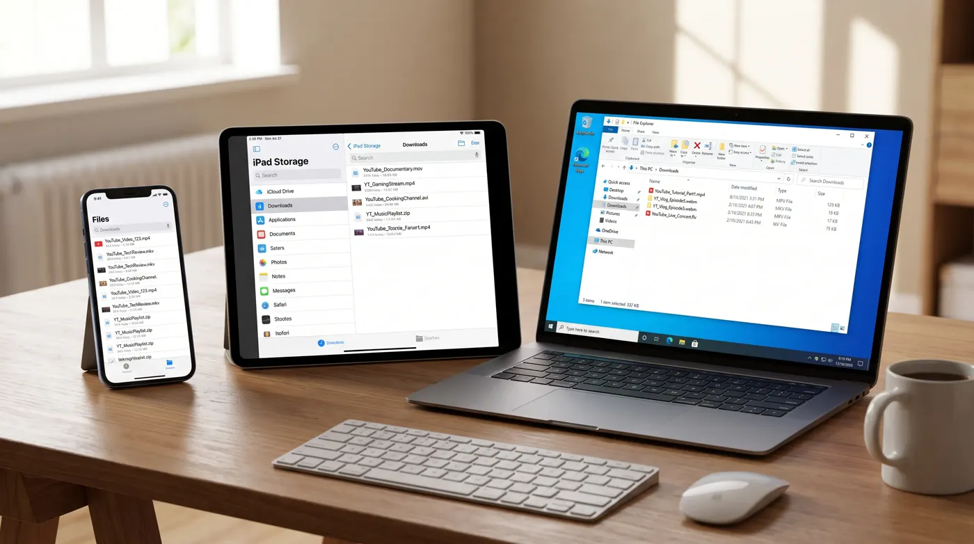 A phone, tablet and laptop on a desk show downloaded YouTube video files in their file managers.